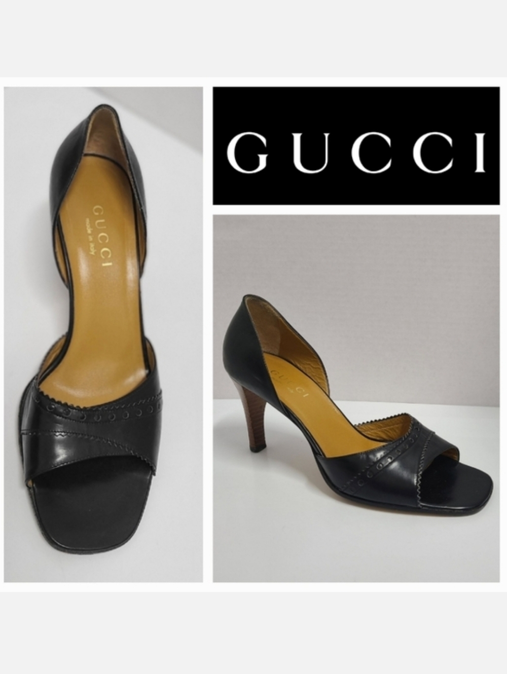 Gucci Black Leather Open-Toe D'Orsay Heels